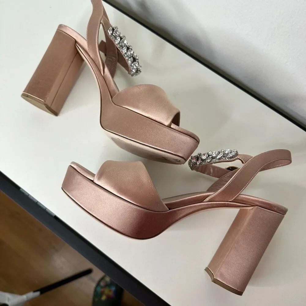 Miu Miu Nude Calzature Donna Satin Crystal Ankle Strap Platform Block Heels 10.5